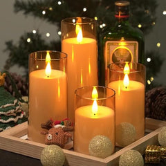 CAVY LED Glass Pillar Candles Light with Acrylic Fiber Glass | Flameless Smokeless Decorative LED Candles Faux Dancing Wicks | Perfect for Diwali Decoration, Home Decor, Gifting, Wedding (Set of 5)