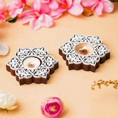 eCraftIndia Wooden Floral Printing Block Decorative Tea Light Candle Holders (Set of 12, Green White) Diwali Christmas Decorations Items for Home Office Christmas Gifts for Women Men Family Friend