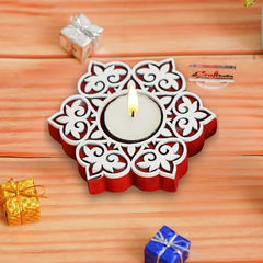 eCraftIndia Wooden Floral Printing Block Decorative Tea Light Candle Holders (Set of 12, Green White) Diwali Christmas Decorations Items for Home Office Christmas Gifts for Women Men Family Friend