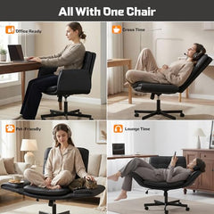 DROGO Zen Atora Ergonomic Criss Cross Legged Office Chair for Work with 5 Gear Armrest & Wide Thick Cushion Seat | PU Leather Computer Chair with Adjustable Height, Recline & Heavy Metal Base (Black)