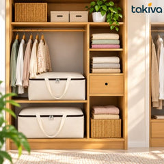 TAKIVA Cotton Canvas Storage Bags for Clothes Large (Pack of 2) | Blanket Storage Box | Canvas Blanket Storage Bags | Cloth Storages Bags for Clothes & Quilts | Foldable Under Bed Storage Organizer