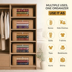 JD FRESH 6 Pcs Non Woven Saree Covers/Storage Bags with Zip Cover/Space Saving Bag with Transparent Window/Wardrobe Cupboard Organizer for Clothes/Lehengas/Bedsheets (17 X 14 x 7 Inch/Orange)