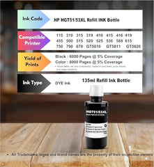 CANOFF GT53Xl for HP Black Pigment Refill Ink Compatible for HP Ink Tank 115, 310, 315, 319, 410, 415, 416, 419, 455, 500, 515, 530, 615, GT 5810, GT 5811, GT 5820 (GT53XL Black 5, 135ml)