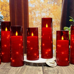 Flameless LED Pillar Candle Set of 2 | Acrylic Fiber Glass | Dancing Faux Wick | Remote Control with Battery Operated 3 AA | Home Décor & Gifting | 3" D x 6" H | Red