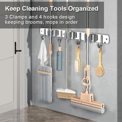 Dargoba Broom Holder Wall Mounted, Mop Holder for Wall, Broom Stick Holder Mounted Stand, Storage Broomstick Brush Mount Organizer with Hanger Hooks (5 Slot 6 Hooks)- Grey, Polypropylene