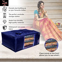 VR ATULIT BY CHOOSY 12 Flap Saree Bag | Clothes Storage Bag for Sarees, Blankets | Large Storage Bag for Clothes with Transparent Zip Covers | Foldable Quilted Bag Organizer with Handle for Wardrobe
