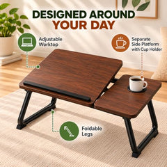 HOMERO Adjustable & Foldable Laptop Bed Table with Cup Holder -Brown