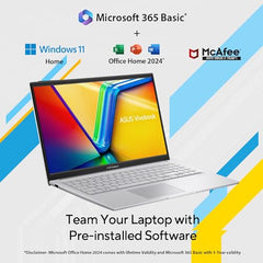 ASUS Vivobook 15, Intel Core i3 13th Gen 1315U, 8GB RAM, 512GB SSD, FHD 15.6", Windows 11, Office Home 2024, Cool Silver, 1.7Kg, X1504VA-NJ3320WS, Intel UHD iGPU, M365 Basic (1Year)* Laptop