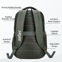 Safari Forge 34L Laptop Backpack, 3 compartments, Raincover, Antitheft pocket, Trolley Sleeve, Organizer, Bottle holder, Front pocket, College bag, school bag, Formal backpack, Color- Black