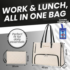 OCEANEVO 2 in 1 Stylish Laptop Tote Bag for Women Office use with Insulated Lunch Bag Compartment includes Small Pouch and Luggage Tag, Laptop Handbag for Office, Travel - 42x32x16 Cm - White-Brown