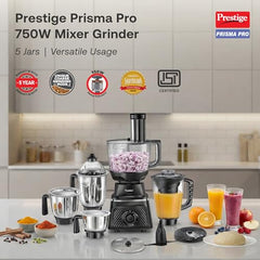 Prestige Prisma Pro 750W 5 Jars Mixer Grinder|Stainless Steel Jars 3U, Multi Utility Jar 1 U, & Juice Jar 1 U|6 Super-Efficient Blades|Black & Silver