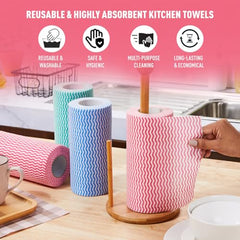Amazon Brand - Presto! Non-Woven Kitchen Towel Roll | 80 Pulls (Pack of 2) | Size: 23 x 21 cm | Wavy Pattern (Red & Blue) | Washable and Reusable | Highly Absorbent | For Daily Use