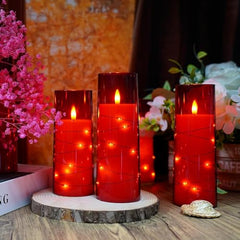 Flameless LED Pillar Candle Set of 2 | Acrylic Fiber Glass | Dancing Faux Wick | Remote Control with Battery Operated 3 AA | Home Décor & Gifting | 3" D x 6" H | Red