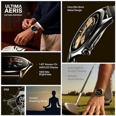 boAt Ultima Aeris 1.43" AMOLED Display, 1000 nits Brightness, Ultra Slim 8mm Metal Build, IP68, Auto HR & SpO2 Monitoring, Sleep & Stress Tracking, Stylish Smartwatch for Men & Women(Tan Brown)