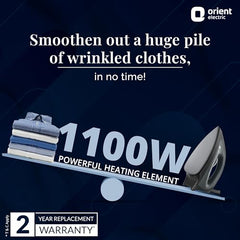 Orient electric Gusto heavy weight Iron for clothes | 1100 Power | Cool touch plastic body | With Wielburger Non-stick coating| 2 Years replacement warranty