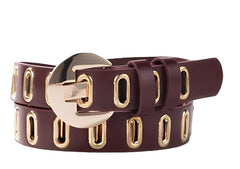 SYGA Women's Gold Oval Eyelet Belt Round Button Jeans Belt(Brown)