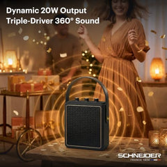 Schneider ENERZA HP20 Portable Wireless Bluetooth Speaker | 20W Triple-Driver 360° Sound | Auracast™ & Bluetooth 5.4 | IPX4 Splash Proof | Fast Charge 0–80% in 1Hr | 10Hr Playtime - Black