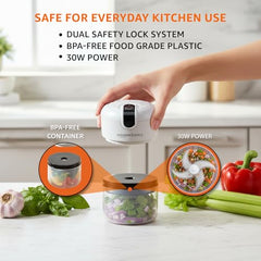 Amazon Basics Mini Electric Chopper | 250 ml | Rechargeable | One touch operation | Sharp Blades | 30 W | Food Grade Bowl | Sharp Blades For Mincing Garlic, Veggies, Onion, Nuts | Grey