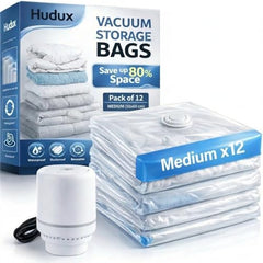 Hudux Pack Of 12 XL (80×120 cm) Vacuum Compression Zipper Storage Bags With Electric Pump, Space Saver Storage Bags For Travel,For Clothes,Bedding,Pillows,Airtight Reusable Vacuum Bags