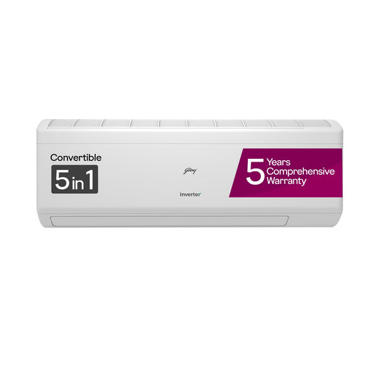 Godrej 1 Ton 5 Star, 5 Years Comprehensive Warranty, AI Powered, 5-in-1 Convertible Cooling, Self Clean, Inverter Split AC (Copper, Heavy-Duty Cooling at 52° Celcius, AC 1T EI 12IINV5R32-WWR, White)
