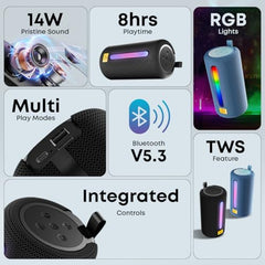 pTron Fusion Buzz 14W Bluetooth Speaker with Pristine Sound, 8hrs Playback, Rhythmic RGB LEDs, Multi-Play Modes BT5.3/TF Card/USB, TWS Feature, Integrated Button Controls, Type-C Charging (Blue)