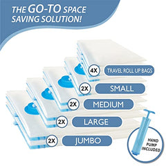16 Travel Compression Bags Vacuum Packing, Roll Up Travel Space Saver Bags for Luggage, Cruise Ship Essentials (6 Large Roll/6 Medium Roll/4 Small Roll)