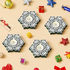 eCraftIndia Wooden Floral Printing Block Decorative Tea Light Candle Holders (Set of 12, Green White) Diwali Christmas Decorations Items for Home Office Christmas Gifts for Women Men Family Friend