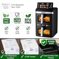 INALSA Double Basket Air Fryer 2800W & 14 L (7L+7L) Large Capacity |Non Toxic,BPA Free|PFOA Food Safety Certified|Cook 2 Full Meals Together|Flip Digital Screen|NutriFry DuoSlim