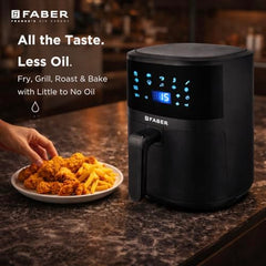 Faber 4L 1350W Digital Air Fryer | Fry, Bake, Roast | 85% Less Oil, 200°C Swirl Heating Technology |10-Preset Menu|Touch Control Interface| Auto Shut-Off |2 Yrs Comprehensive Warranty|Black