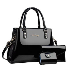 SYGA Pack of 3 Women's Glossy Patent Leather Clutch,Wallet & Handbag, Zipper Purse Suitable Gift for a Festival,occasion,Birthday(BLACK)