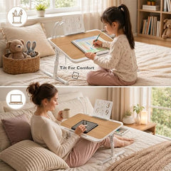 StarAndDaisy T9 Foldable Bed Table for Laptop & Study, 4-Level Adjustable Angled Tabletop, Large Desktop Surface with Anti-Slip Stopper, Tablet & Phone Slot, Storage Drawer, Stable Legs, PP & TPE