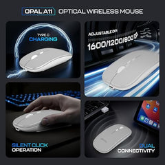 Geonix Opal A11 Optical Wireless Mouse | High Precision Tracking, Silent Click, 3 DPI Modes, Type-C Rechargeable, 10 m Range, 4-Button Ergonomic Design