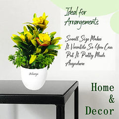 Asharya® Artificial Flower Plants for Home Décor – Set of 4 Mini Potted Plants (7 Inch) in White Pots | Pink, Yellow, Red & Blue Faux Flowers for Living Room, Office, Indoor Outdoor Decoration