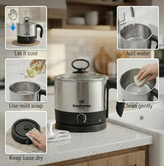 FRESHOME Electric Multipurpose Kettle 1.2L, 600W, with Stainless Steel Body, Egg Rack, Grill Rack, 3 Heating Modes & Rapid Boil Technology, Boiling Water, Tea, Coffee, Oats, Noodle, Soup (Silver)