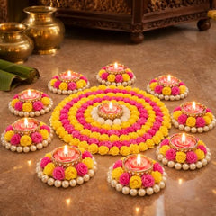 Webelkart Premium Pack of 9 Diwali Decoration Flower Rangoli Diwali Decorative Rangoli with Diya Set, Tea Light Candle Holder Floor Rangoli Festival Decor Home,Deepawali Center 10" and Samll 4" in