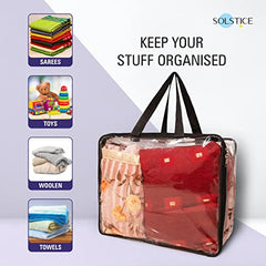 SOLSTICE Pack of 4 Transparent Storage Bag for Saree Covers,Clothes, Lehenga, Blankets, Bedsheets, Toys, Docs|Wardrobe Organizer|Clear Storage Box Bag - Pack of (4), Plastic, 40x32 cm
