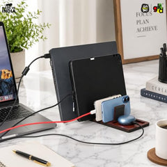 GKD Dark Wood Multi Device Stand & Organizer | Laptop, Tablet, Mobile & Power Bank Holder | All-in-One Desk Charging Station & Organizer | Modern Office Desk Accessory | Diwali Gift