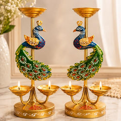 Pranjals House Peacock Metal Tealight Candle Holder Set of 2,Ideal for Pooja, Festival & Diwali Decor
