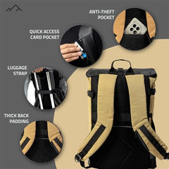 TRIPOLE Tusker Roller Top Laptop Backpack for Daily Use and Travelling | Water-repellent fabric, Anti Theft Pockets and Expandable size (Khaki)