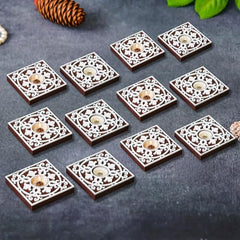 eCraftIndia Wooden Floral Printing Block Decorative Tea Light Candle Holders (Set of 12, Green White) Diwali Christmas Decorations Items for Home Office Christmas Gifts for Women Men Family Friend