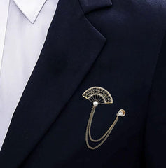 SYGA Men's & Women Suit Shirt Stud Lapel Pin Chain Tassel Brooch Pin with Crystal Chain(fan gold)