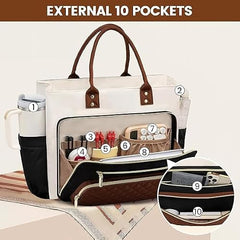 Bayne Tote Bag with Lunch Compartment | Laptop Bags for Women Office Use | Waterproof Handbag for Women | Elegant Office Bag for Woman | Tote Bag for Woman (Cream&Borwn)