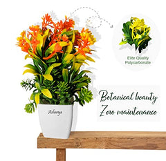 Asharya® Artificial Flower Plants for Home Décor – Set of 4 Mini Potted Plants (7 Inch) in White Pots | Pink, Yellow, Red & Blue Faux Flowers for Living Room, Office, Indoor Outdoor Decoration