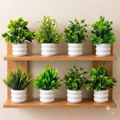amazon basics Artificial Potted Plants, Artificial Plastic Eucalyptus Plants Small Indoor Potted Houseplants, Small Faux Plants for Home Decor Bathroom Office Farmhouse (Set of 8)