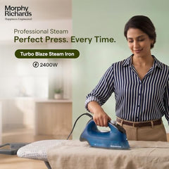 Morphy Richards Turbo Blaze 2400 Watts Steam Iron | 340 ml tank capacity with Anti Drip | Ceramic Coated Soleplate | Anti Calc and Safety Auto off function | Self-Cleaning | Blue and Black