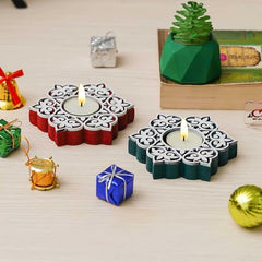 eCraftIndia Wooden Floral Printing Block Decorative Tea Light Candle Holders (Set of 12, Green White) Diwali Christmas Decorations Items for Home Office Christmas Gifts for Women Men Family Friend
