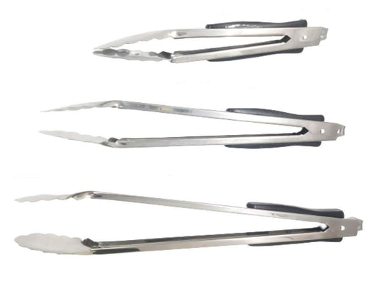 SYGA Kitchen Barbecue Serving Tongs, Stainless Steel Food Tongs, Non-Slip Heat Resistant Handle Cooking Tongs for Cooking Grilling, Salad, Turning and BBQ- Set of 3-23cm,30cm and 35cm, Silver & Black