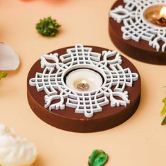 eCraftIndia Wooden Floral Printing Block Decorative Tea Light Candle Holders (Set of 12, Green White) Diwali Christmas Decorations Items for Home Office Christmas Gifts for Women Men Family Friend