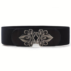 SYGA Women Cinch Belt, PU Leather Stretchy Waist Belt with Emblem Metal Buckle, Retro Style - Black((Fits Waist Size 25-35)