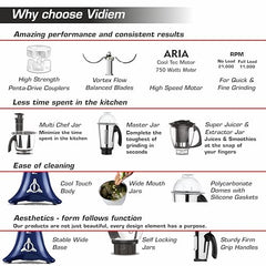 Vidiem Vstar Adc Blu Mixer Grinder 717 A|750 Watts|5 Jar In-1 Juicer|5 Leakproof Jars With Self-Lock, Wet And Dry, Chutneys & Curries|ABS Body|5 Year Warranty On Motor & 2 Year Product Warranty, Blue